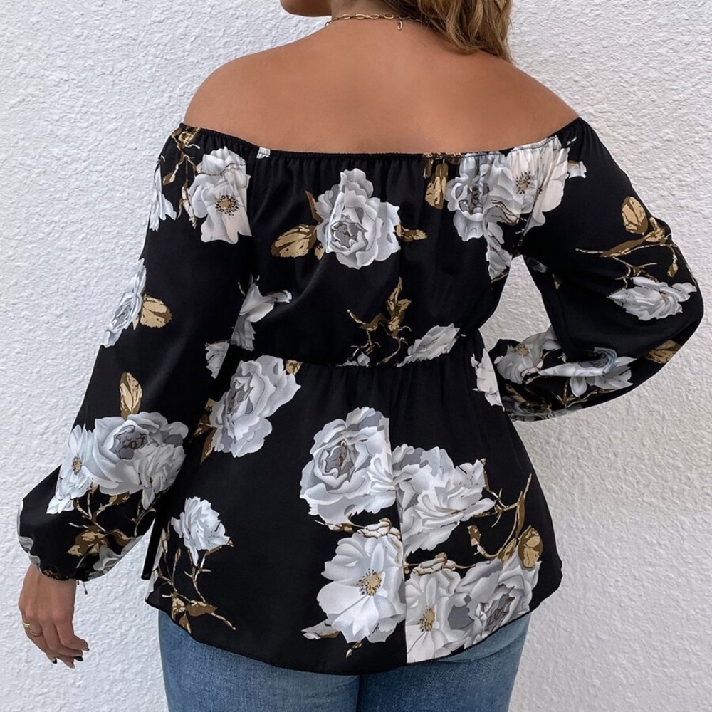 Boho Plus Floral Print Off Shoulder Cottagecore Top - Picture 4 of 9